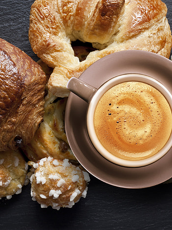 Coffee croissant cappuccino, Cup of food, , High definition HD phone wallpaper