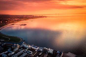 Cities, Sunset, Sea, City, View From Above, Coast HD wallpaper