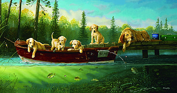 Fishing day, fishing, green, fish, water, caine, dog, boat, summer, puppy, pesti, vara HD wallpaper