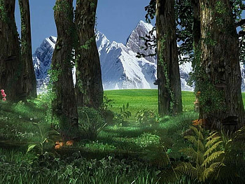 Beautiful view through the forest, mounains, grass, sky, forest HD wallpaper