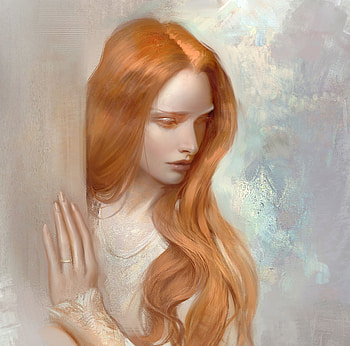 Redhead, fantasy, justine florentino, art, face, girl, hand HD wallpaper