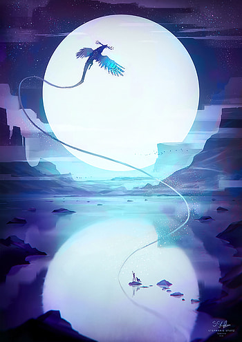 Fantasy, Art, Moon, Reflection, Dragon HD phone wallpaper