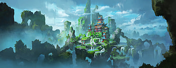 Art, Clouds, Lock, Rocks, Waterfall, Pagoda HD wallpaper