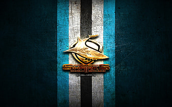 Cronulla Sharks, golden logo, National Rugby League, blue metal background, australian rugby club, Cronulla Sharks logo, rugby, NRL HD wallpaper