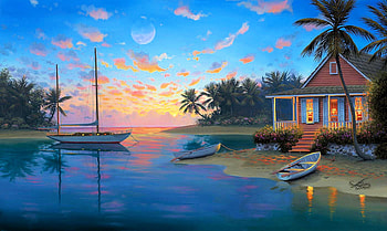 Serenity Cove, palms, boat, art, clouds, sky, sunset, cabin HD wallpaper