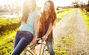 Happiness, sunshine, females, sexy, sunlight, cute, ridding, outdoors, bike, girls, happy, countryside HD wallpaper