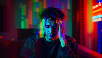 Headache Relief Ultra – Intense Focus and Pain Visualization, man, neon lights, digital glitch, portrait HD wallpaper