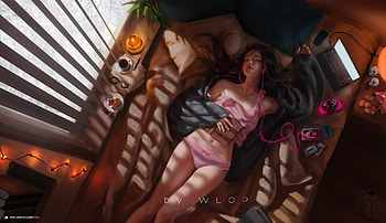 Sleeping, view from the top, pink, wlop, art, fantasy, girl, sleep HD wallpaper