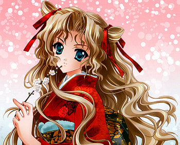 Red Kimono, sexy, kimono, yukata, ribbon, hot, cute, floral, girl, long hair, anime girl, anime, flower, brown hair, , green eyes, female HD wallpaper