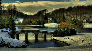 fantastic park in winter, winter, bridge, forest, lake, park HD wallpaper