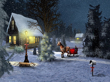 Coming Home for Christmas, winter, lichts, horse, artwork, sleigh, painting, snow, cottage, evening HD wallpaper