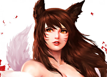Ahri, white, art, girl, fox, beauty, woman, yy6242, fantasy, red, league of legends, game, ears, nine tails HD wallpaper