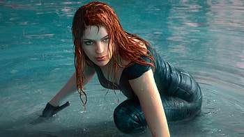 Assassin, fark, tian zi, art, fantasy, luminos, redhead, girl, water HD wallpaper