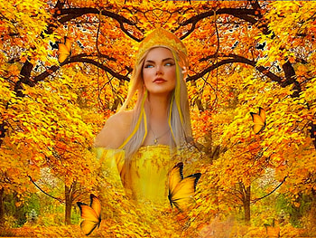 Yellow Royale, girl, dress, orange, royalty, butterflies, crown, leaves, vivid, bright, green, yellow, bold, trees, queen, forest, colorful, black, vigbrant HD wallpaper
