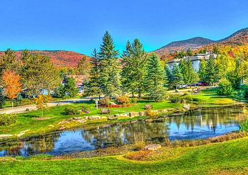 Stowe, Vermont, hills, landscape, trees, village, pond, usa HD wallpaper