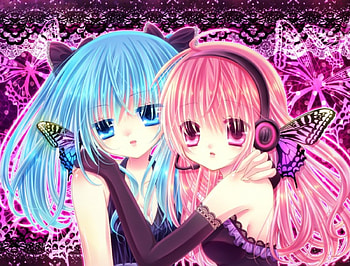 Miku x Luka, luka, superstar, cute, red eyes, vocaloid, long hair, dress, miku, vocaloids, butterfly, wing, megurine luka, female, sexy, wings, blue eyes, hatsune miku, magnet, hot, blue hair, girl, singer, pink hair, diva, anime girl, anime, idol, head HD wallpaper