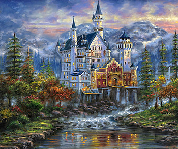 castle on the river, river, mountains, fantasy, castle HD wallpaper