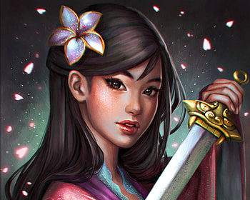 Mulan, asian, disney, girl, serafleur, pink, fanart, fantasy, petals, flower, face, luminos, princess HD wallpaper