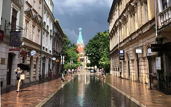 Street in Krakow, Poland, rain, Krakow, street, Poland, houses, church HD wallpaper
