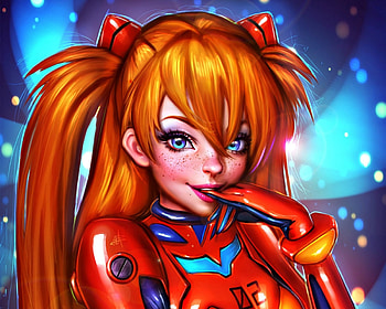 Asuka, blue, art, ayyasap, girl, orange, woman, fantasy, red, freckles, redhead HD wallpaper