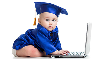 Cute Baby Toddler Is Wearing Blue Dress And Cap Sitting In White Background Playing With Laptop Cute HD wallpaper
