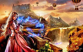 PRINCESS with MAGICAL POWER, flames, girl, magic power, digital art, mountain, lakes, fantasy, dragon, princess, fire HD wallpaper