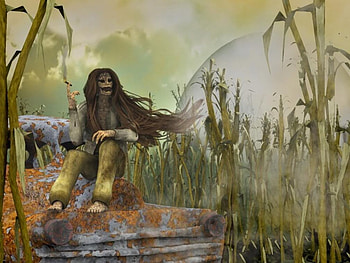 Smoke Break, stalks, corn, moon, field, smoke, creature HD wallpaper