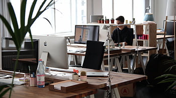 Open-plan office with modern decor and natural lighting, ideal for productivity. HD wallpaper