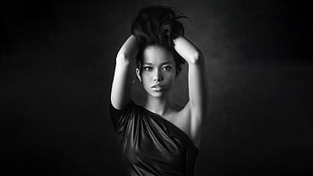 Kit Rysha, girls, model, black-dress, monochrome, black-and-white HD wallpaper
