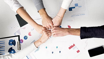 Colleagues celebrate success with a fist bump over financial charts depicting teamwork and unity. HD wallpaper