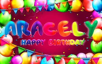 Happy Birtay Aracely, , colorful balloon frame, Aracely name, purple background, Aracely Happy Birtay, Aracely Birtay, popular mexican female names, Birtay concept, Aracely HD wallpaper