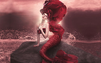 Red Rose Mermaid, Rock, Mermaid, Fantasy, magical, red, Siren, dreamy, water, lovely HD wallpaper