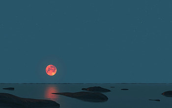 Red moon, blue, sea, summer, full moon, stone, water, beach HD wallpaper