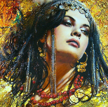 Gipsy girl, vladimir muhin, art, girl, gipsy, jewel, painting, portrait, pictura, face HD wallpaper