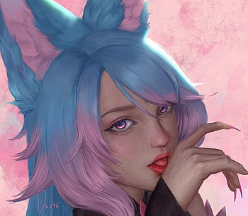 Kitsune, pink, fantasy, art, thao anh, face, fox, blue, girl, ears HD wallpaper
