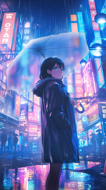 Futuristic Rainy Nights: Anime for Your , Anime, anime girl, Rain Anime, neon, futuristic HD phone wallpaper