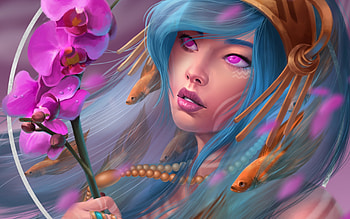 Fantasy girl, pesti, face, fish, ataraxicare, orange, blue, art, girl, pink, fantasy, flower, orchid HD wallpaper