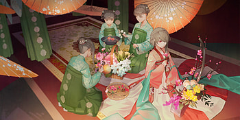 Girls, zdozwei, kimono, pink, anime, green, parasol, girl HD wallpaper
