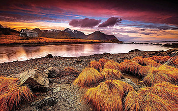 Vestvagoy, Lofoten, NorwayNorway, sea, house, colors, clouds, sky, rocks, stones, sunset HD wallpaper