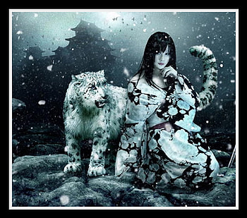 Ren-Si-Lu, artwork, leopard, abstract, fantasy, snow, geisha, rock HD wallpaper