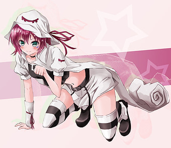 Yumekui Merry, cute, girl, pink hair, character, anime, thigh high, green eyes, stockings, hat, female HD wallpaper