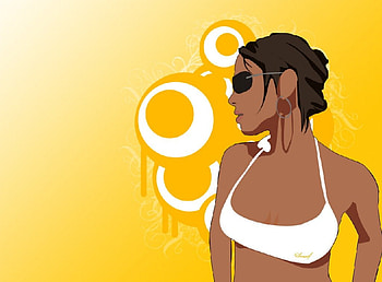 70s Sunshine, circles, yellow, glasses, bikini, tanned HD wallpaper