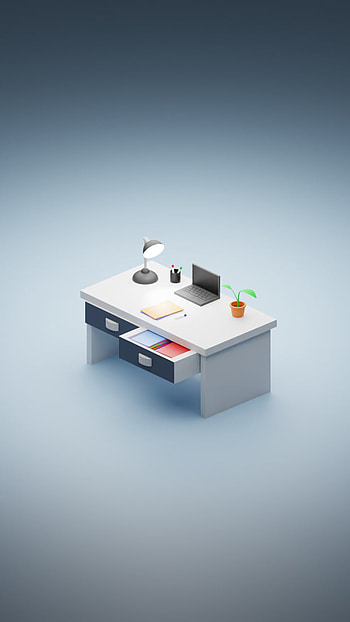 3D Desk, isometric art, luminária, study, gadget, cute, computador, computer, escola, paper, mesa, school, table, notebook, art, escrivaninha, work, isometric, planta, estudar, lamp, isométrico, blue, trabalho, plant, miniature, azul, 3d HD phone wallpaper