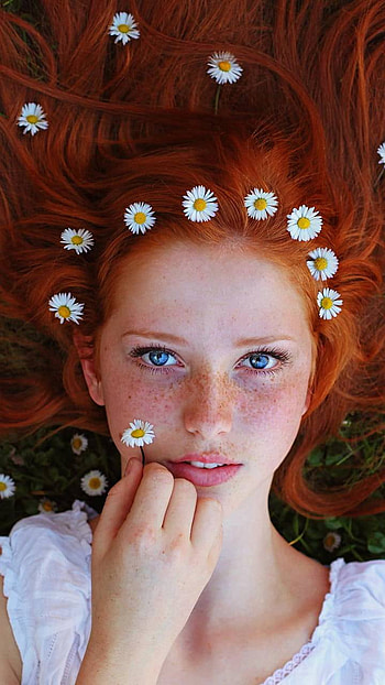 Girl with Flowers, redhead, blue eyes, face, graphy, child HD phone wallpaper