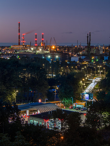 Cities, Trees, Building, Plant, Road, Night City, Factory HD phone wallpaper