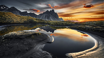 Icelandic sunset at Vestrahorn, water, mountain, coast, colors, clouds, sky HD wallpaper