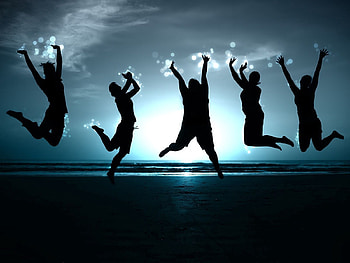 People, Shore, Bank, Miscellanea, Miscellaneous, Form, Shadow, Bounce, Jump, Happiness HD wallpaper