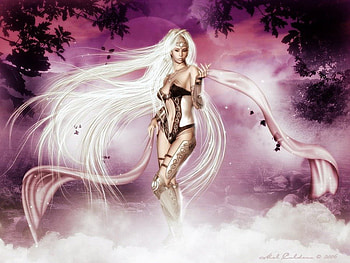 Pink Skies, white, skies, woman, pink, lady, fantasy, white hair, trees, sky, hair, female HD wallpaper
