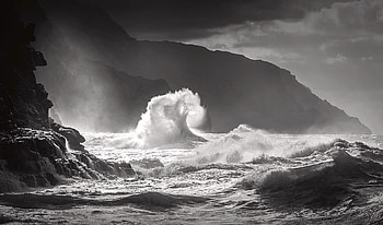 Wild Ocean Waves, scenic, black and white, nature, Waves, wild, rocks, ocean, mountain HD wallpaper