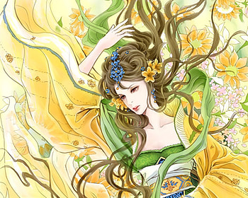 In the flower from sleep, cute, oriental, beauty, nice, flower, maiden, female, sexy, sweet, magic, hot, chinese, girl, beautiful, anime girl, anime, fantasy, pretty, yellow HD wallpaper